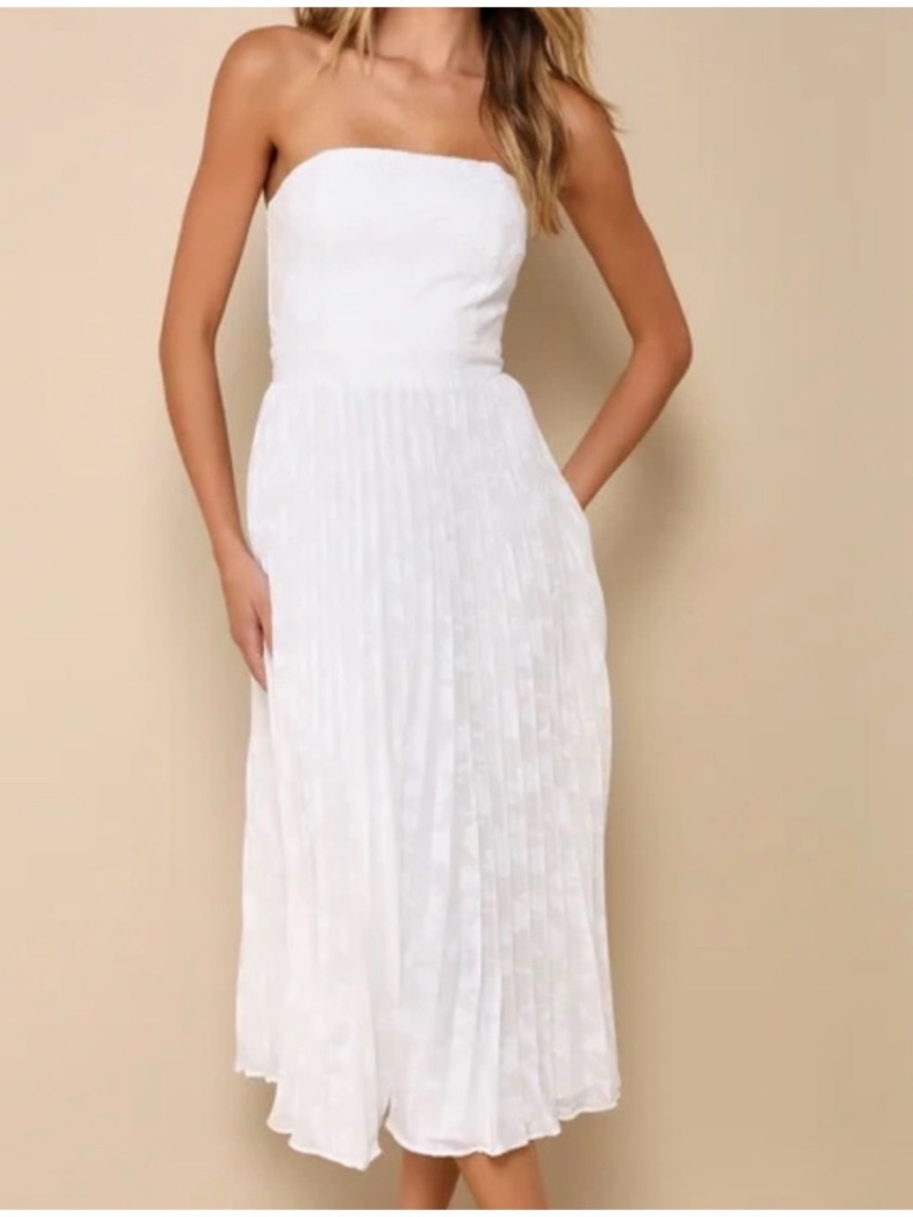 Lulu's White Strapless Pleated Midi Dress